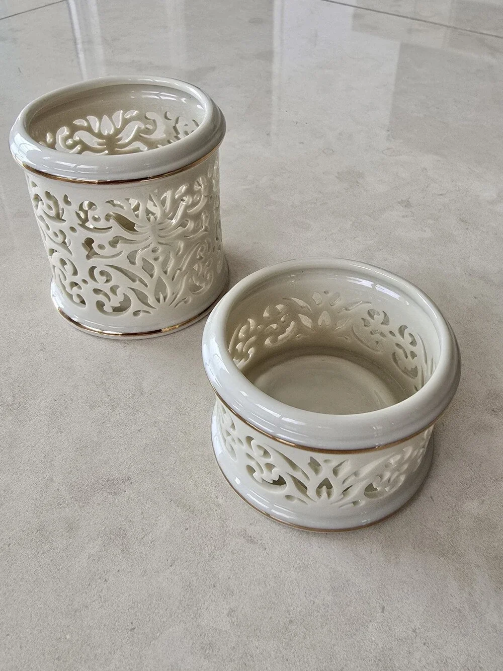 Set Of 2 Lenox Pierced China Candle Holders - Cream Cutout with Gold Trim
